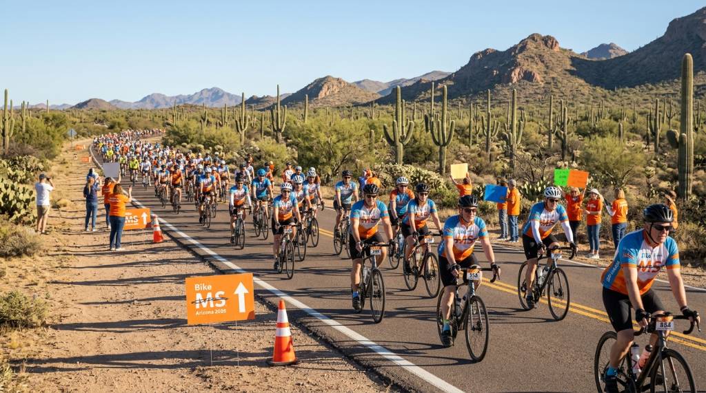 Cyclists riding through the Arizona desert landscape during Bike MS Arizona 2026 on a sunny November morning