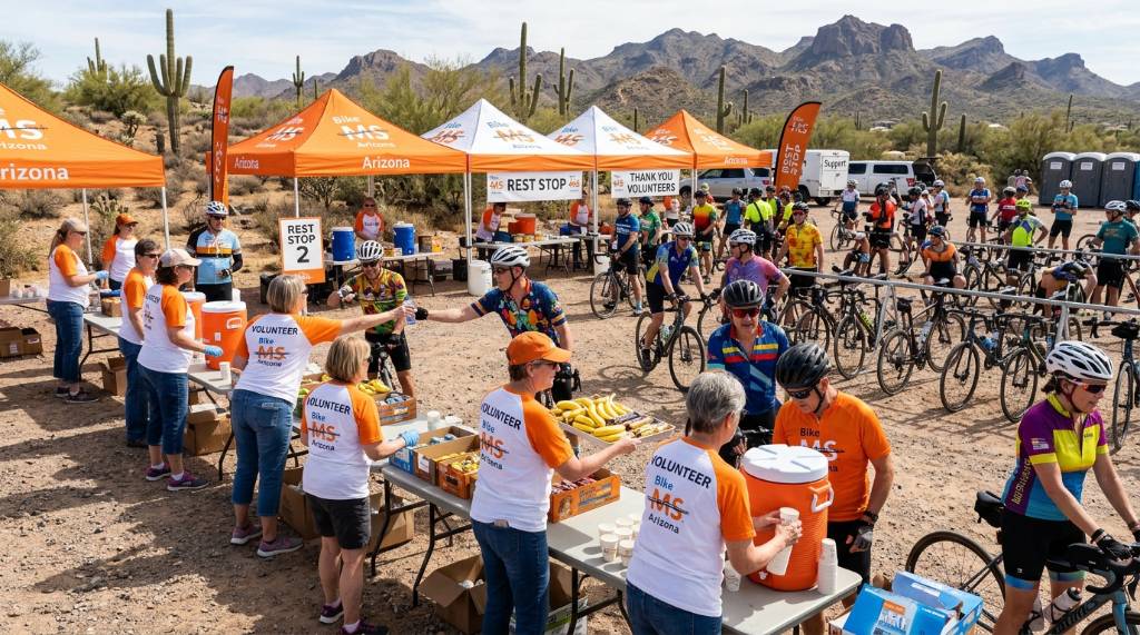 A rest stop along the Bike MS Arizona route with volunteers handing out water and snacks to cyclists