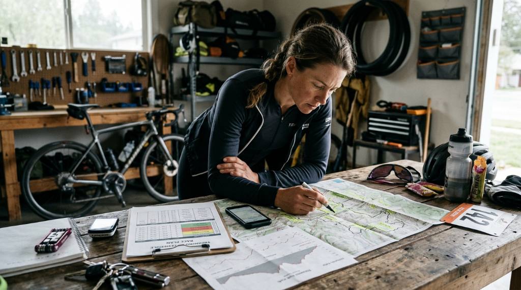 Cyclist checking a route map and training plan before race day