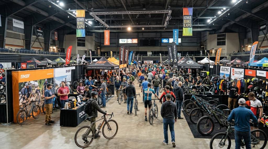 Iowa Bike Expo 2027 - Dates, Tickets, Exhibitors, Bikes, and Activities-Complete Guide Exhibitor booths and cyclists inside the Iowa Events Center during the bike show
