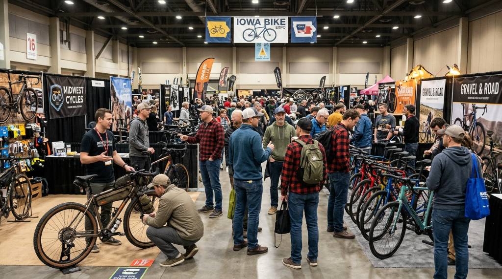 Visitors browsing new road and gravel bikes at the Iowa Bike Expo in Des Moines