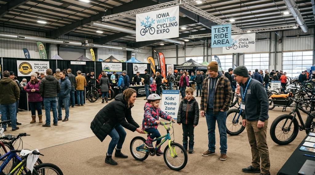 Iowa Bike Expo 2027 - Dates, Tickets, Exhibitors, Bikes, and Activities-Helpful Guide Family trying a kids' bike at a winter cycling expo in Iowa