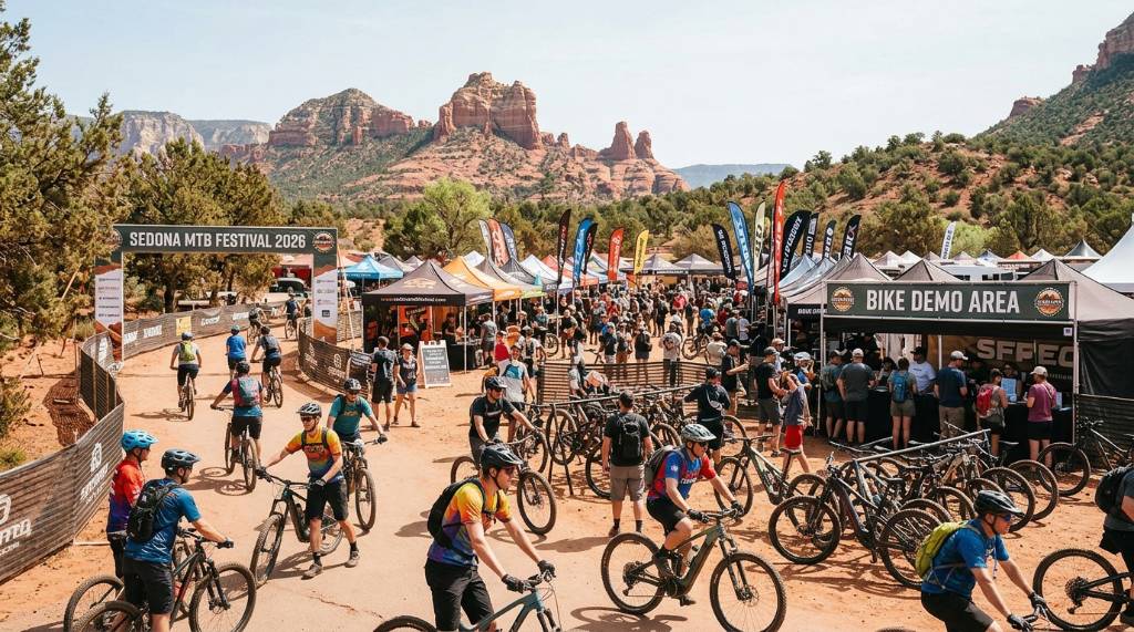 Mountain bikers gathered at Posse Grounds Park for the 2026 Sedona MTB Festival expo and bike demo area