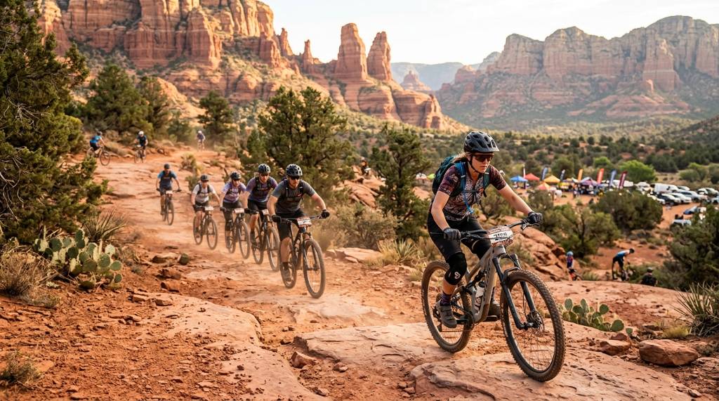 Riders exploring Sedona's red rock singletrack trails during the Sedona Mountain Bike Festival 2026