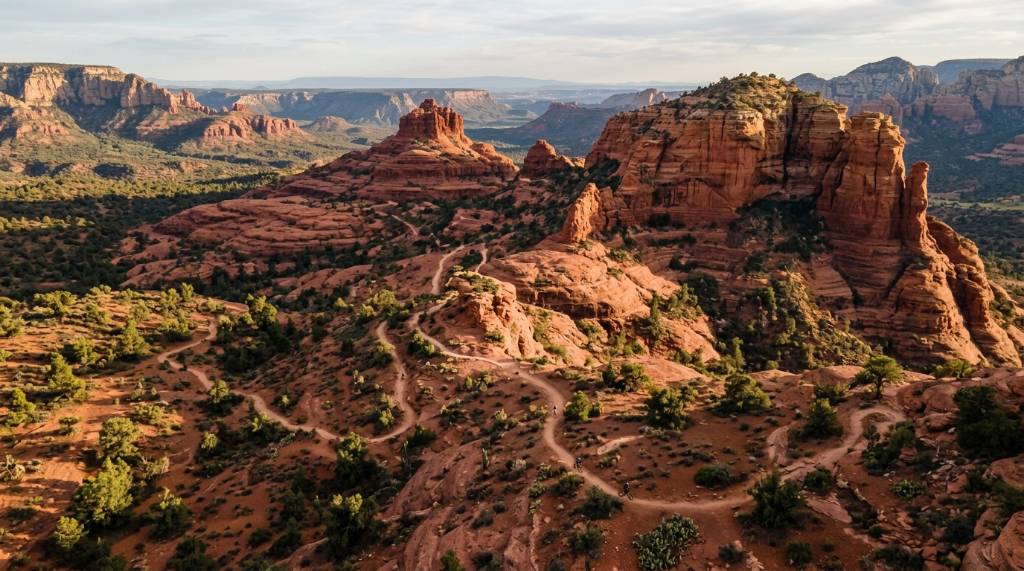 Aerial view of Sedona Arizona red rock landscape with mountain bike trail winding through desert terrain